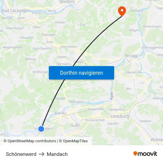 Schönenwerd to Mandach map