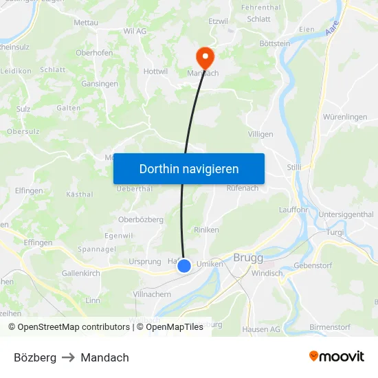 Bözberg to Mandach map