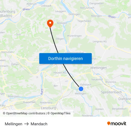 Mellingen to Mandach map