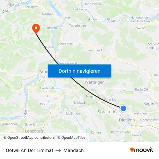 Oetwil An Der Limmat to Mandach map