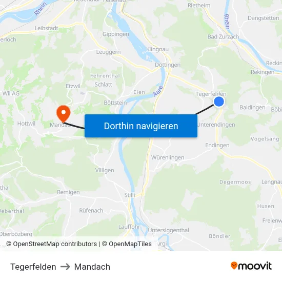 Tegerfelden to Mandach map