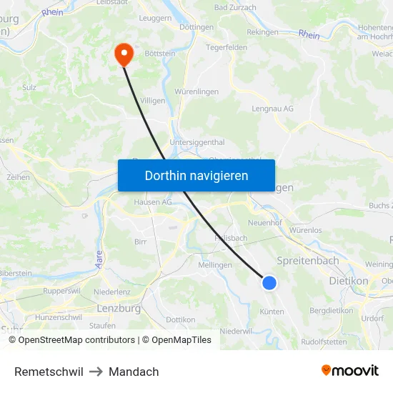 Remetschwil to Mandach map