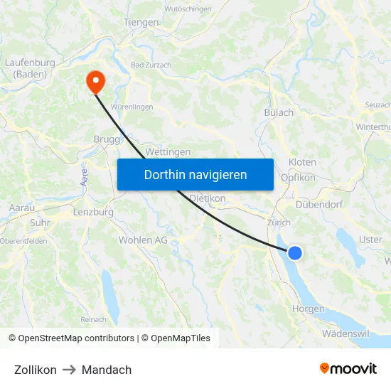 Zollikon to Mandach map