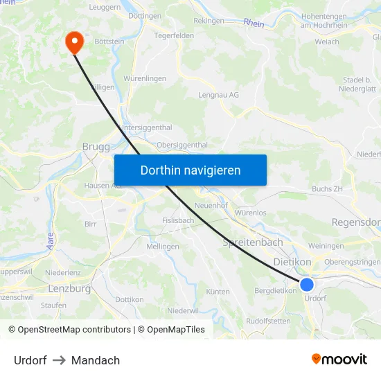 Urdorf to Mandach map