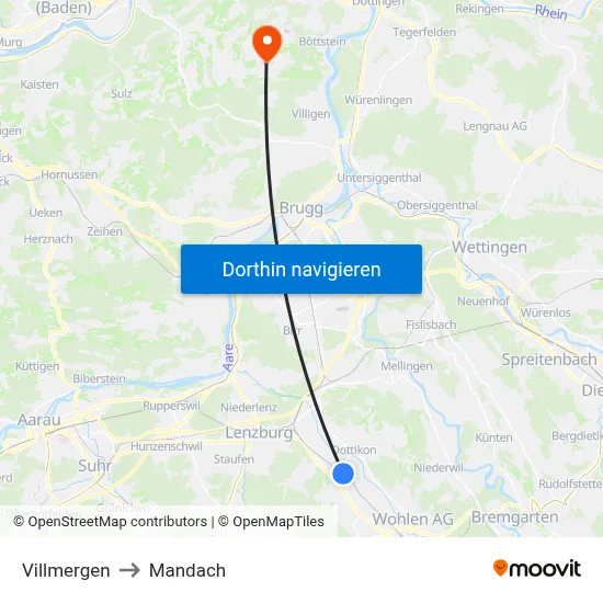 Villmergen to Mandach map