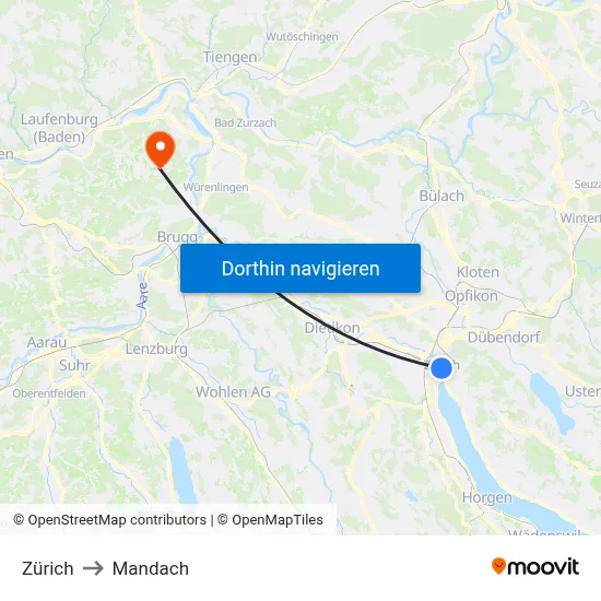 Zürich to Mandach map