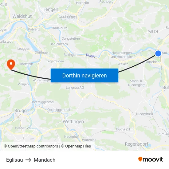 Eglisau to Mandach map