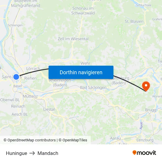 Huningue to Mandach map