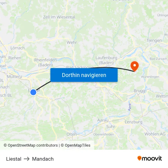 Liestal to Mandach map