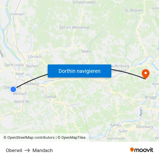 Oberwil to Mandach map
