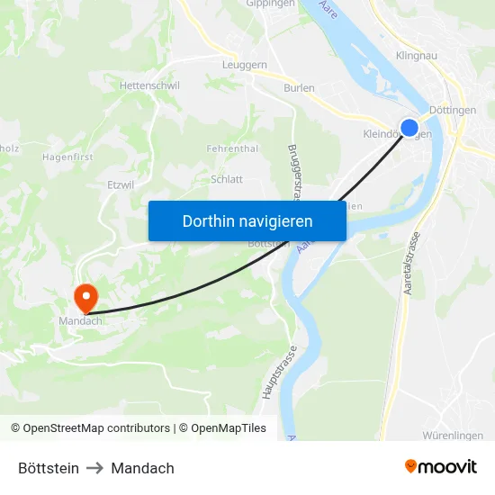 Böttstein to Mandach map