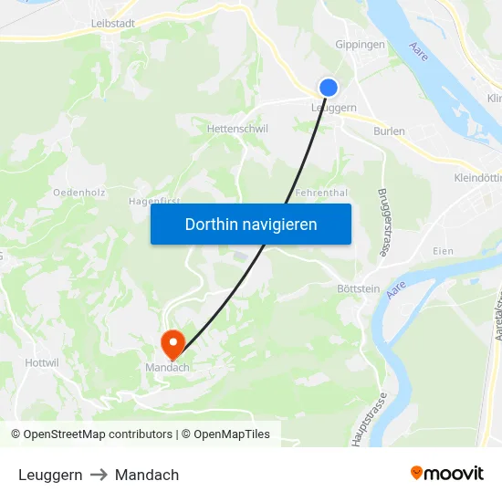 Leuggern to Mandach map