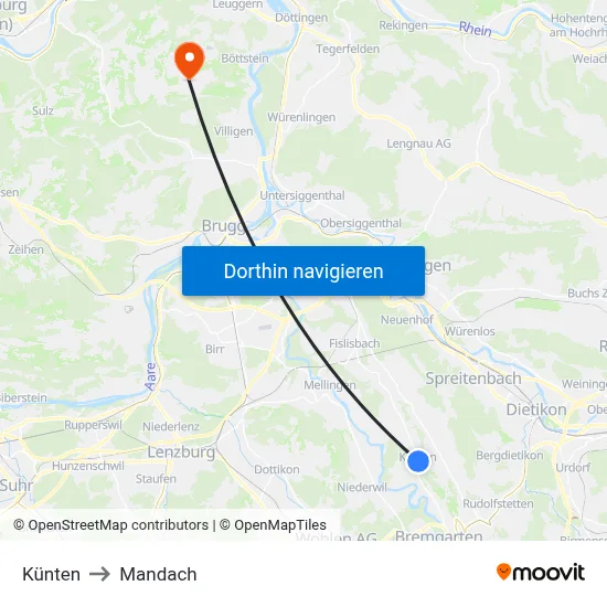 Künten to Mandach map
