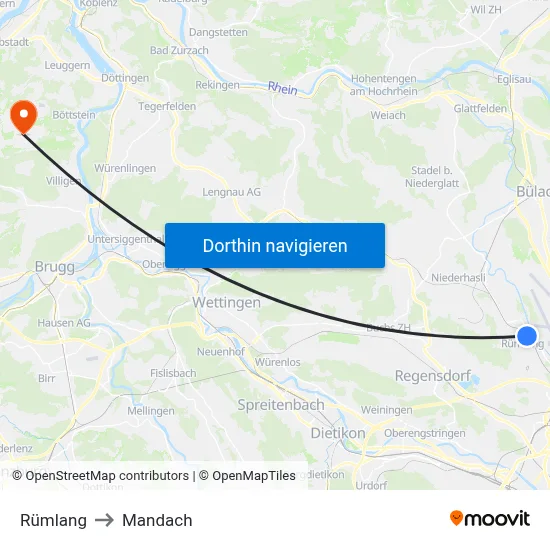Rümlang to Mandach map