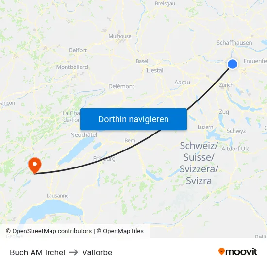 Buch AM Irchel to Vallorbe map