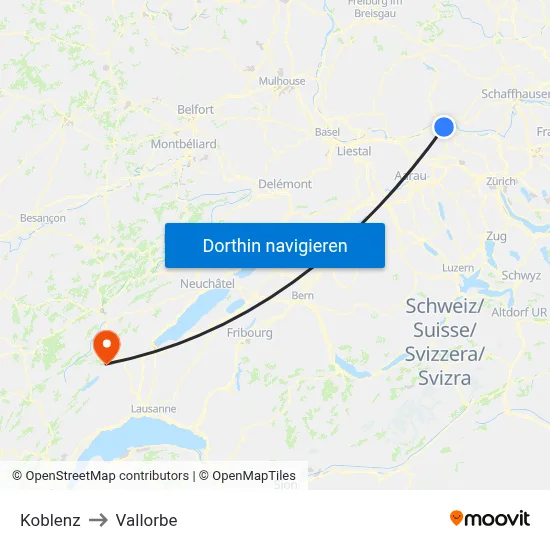 Koblenz to Vallorbe map