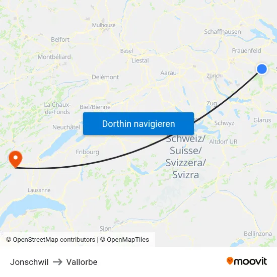 Jonschwil to Vallorbe map