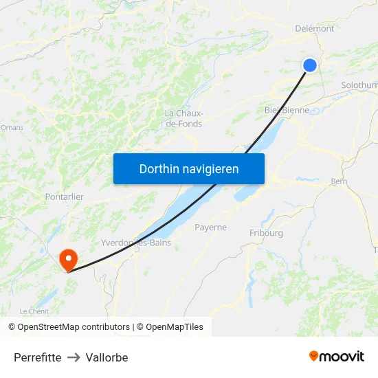 Perrefitte to Vallorbe map