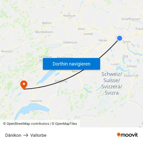Dänikon to Vallorbe map