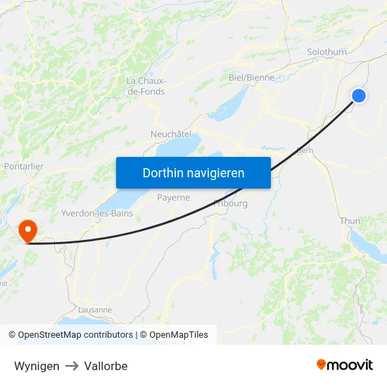 Wynigen to Vallorbe map