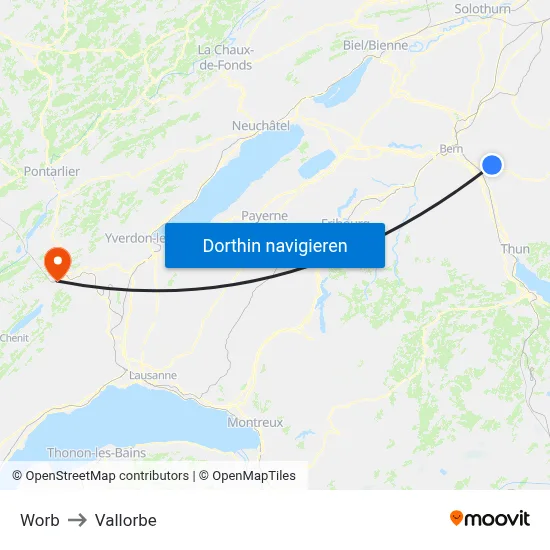 Worb to Vallorbe map