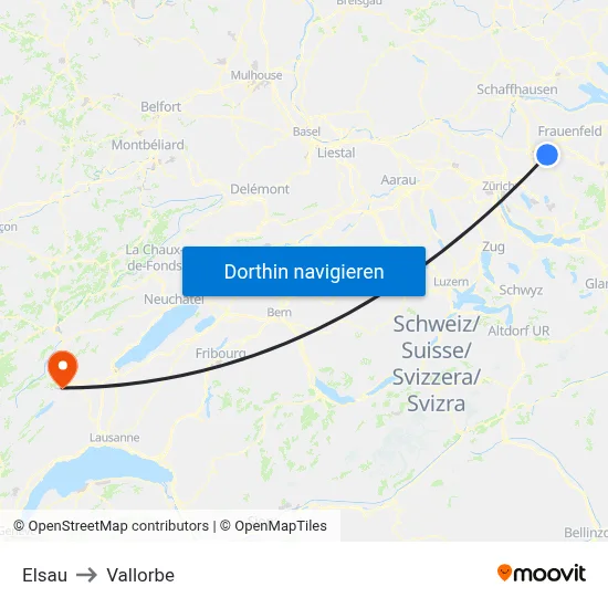 Elsau to Vallorbe map