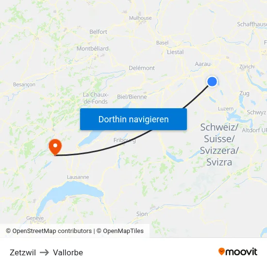Zetzwil to Vallorbe map