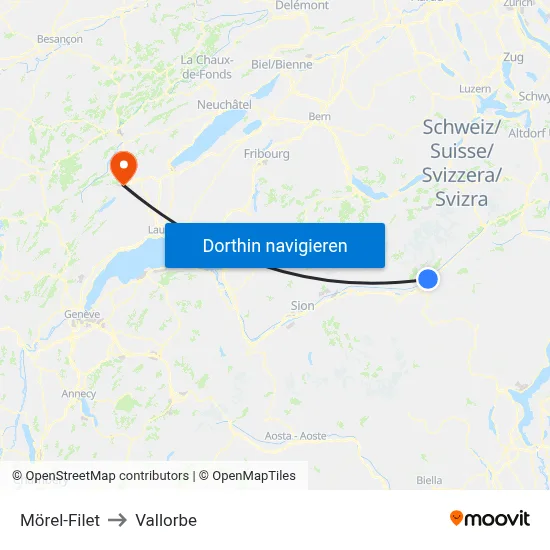Mörel-Filet to Vallorbe map
