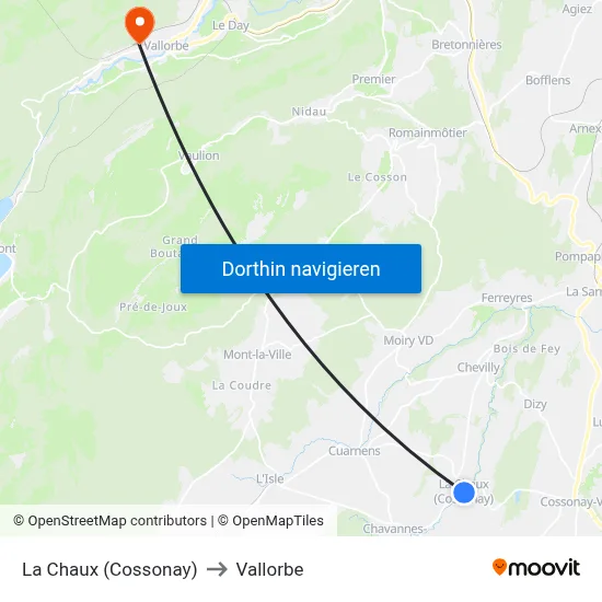 La Chaux (Cossonay) to Vallorbe map
