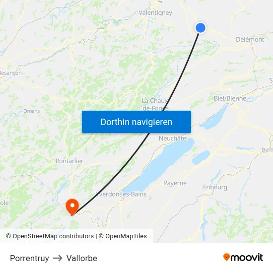 Porrentruy to Vallorbe map