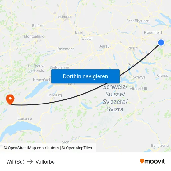 Wil (Sg) to Vallorbe map