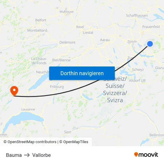 Bauma to Vallorbe map