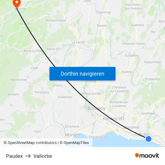 Paudex to Vallorbe map