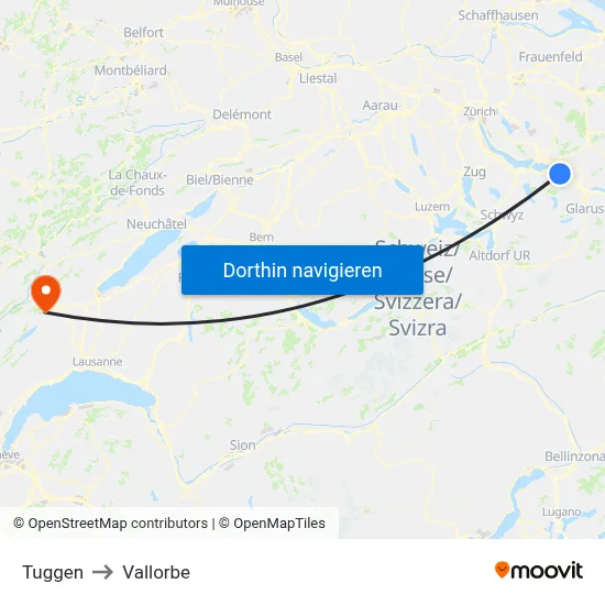 Tuggen to Vallorbe map