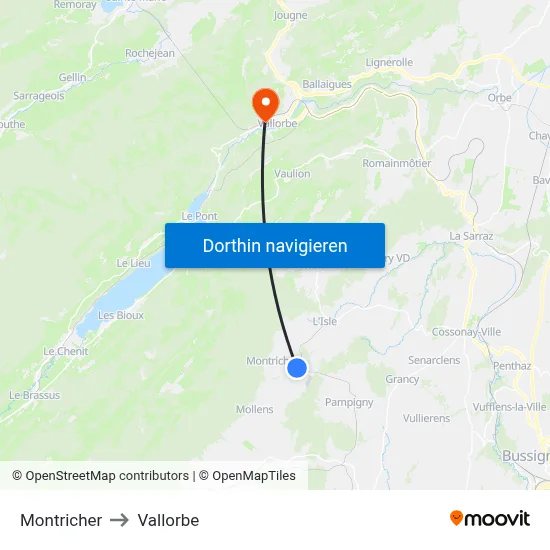 Montricher to Vallorbe map