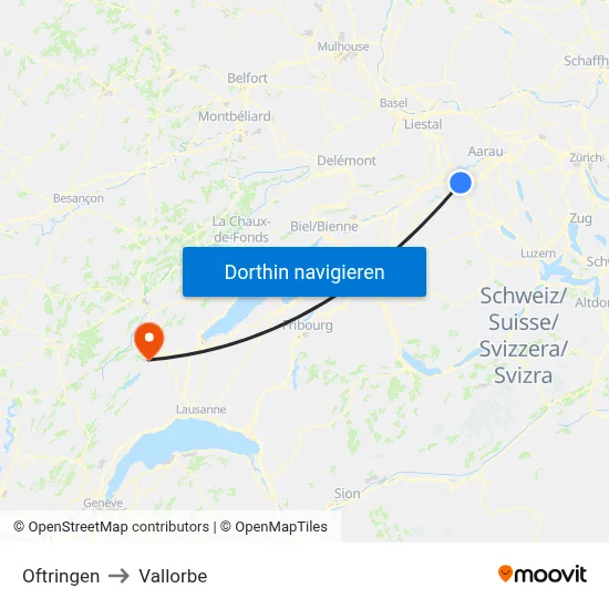 Oftringen to Vallorbe map