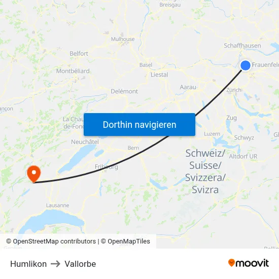 Humlikon to Vallorbe map