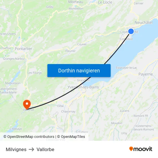 Milvignes to Vallorbe map