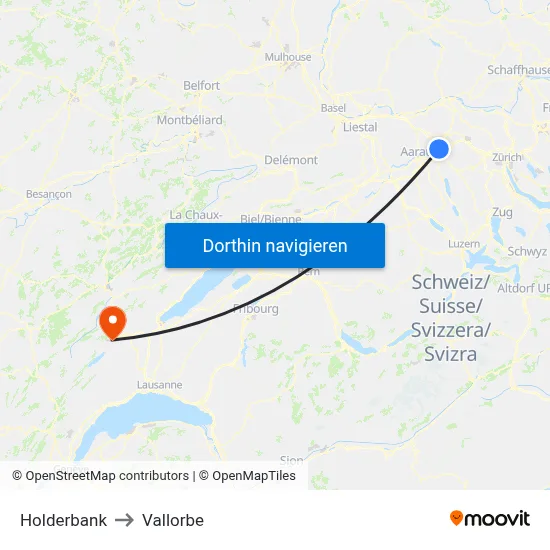 Holderbank to Vallorbe map