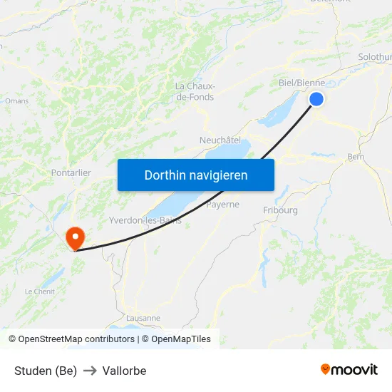 Studen (Be) to Vallorbe map