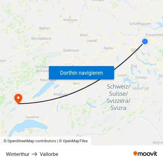 Winterthur to Vallorbe map