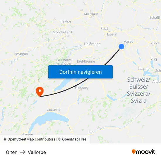 Olten to Vallorbe map