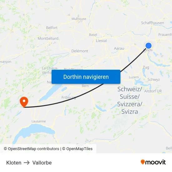 Kloten to Vallorbe map