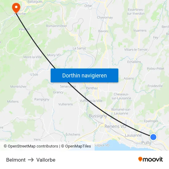 Belmont to Vallorbe map