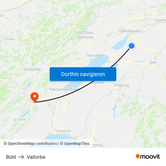 Bühl to Vallorbe map