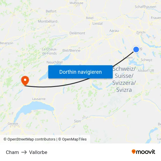 Cham to Vallorbe map