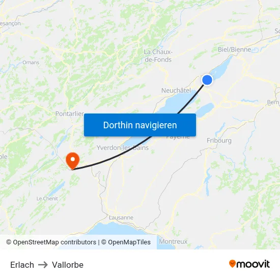 Erlach to Vallorbe map