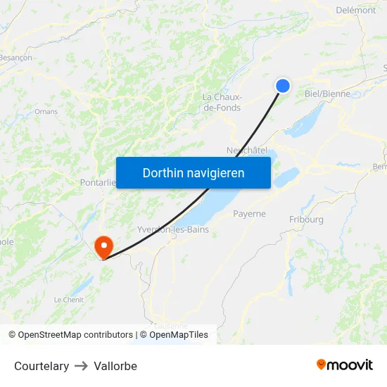 Courtelary to Vallorbe map