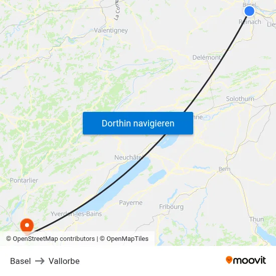 Basel to Vallorbe map