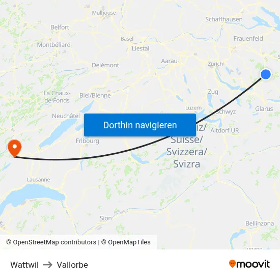 Wattwil to Vallorbe map